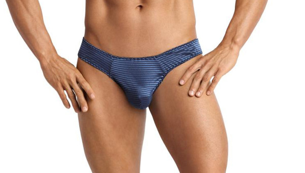 Herren String in blau aus feinem dehnbaren Netzmaterial mit Querstreifen und breitem Gummibund