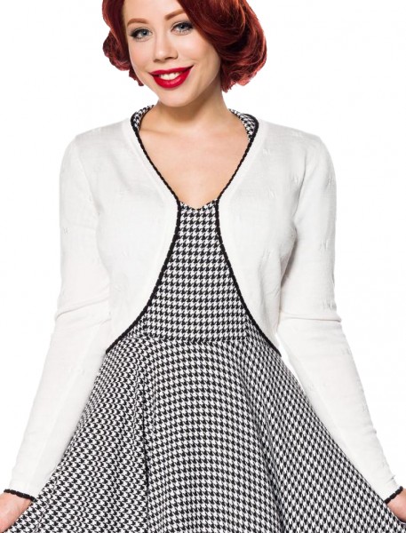 Weiße kurze Damen Strick-Jacke mit langen Ärmeln und Rundhalsausschnitt Bolero Retro Weißer Saum Vin