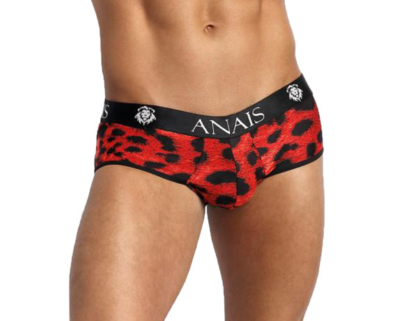 Herren Jock Strap in rot schwarz aus glattem blickdichtem Stoff mit Animal Print und breitem Gummibu