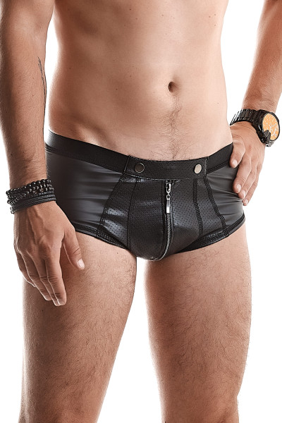 Herren wetlook Shorts schwarz mit Reißverschluss vorn und hinten fetisch Slip elastisch