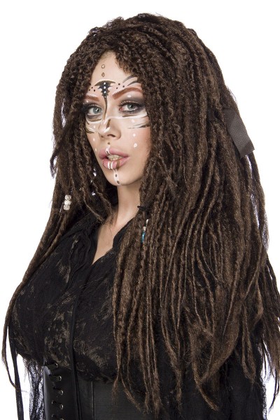 Braune Damen Langhaar Perücke Wig mit Dreadlocks Haar überlanger Pony Perücke Verkleidung eingefloch