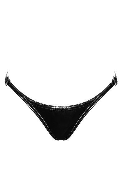 Reizender schwarzer Damen Dessous Panty String mit Lack Material und Metallverschlüsse zum Öffnen bl