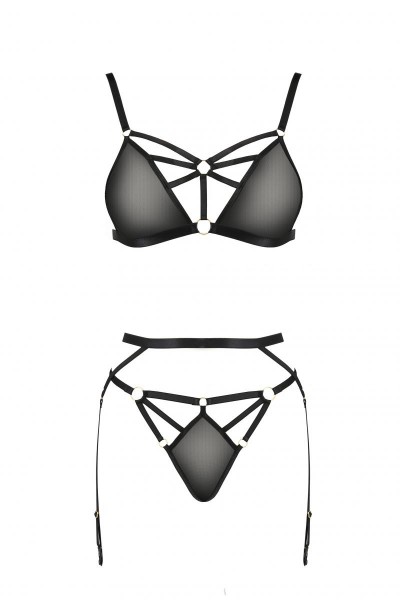 Schwarzes Frauen Dessous Set aus Tüllmaterial und Gummibändern BH und Slip mit Strumpfhalter