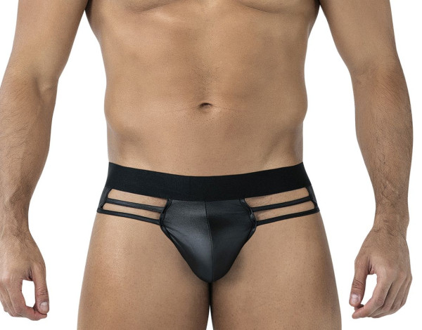 Schwarzer Männer String Shorts aus dehnbarern Bändern offen Wetlook Herren Slip mit Gummi Saum