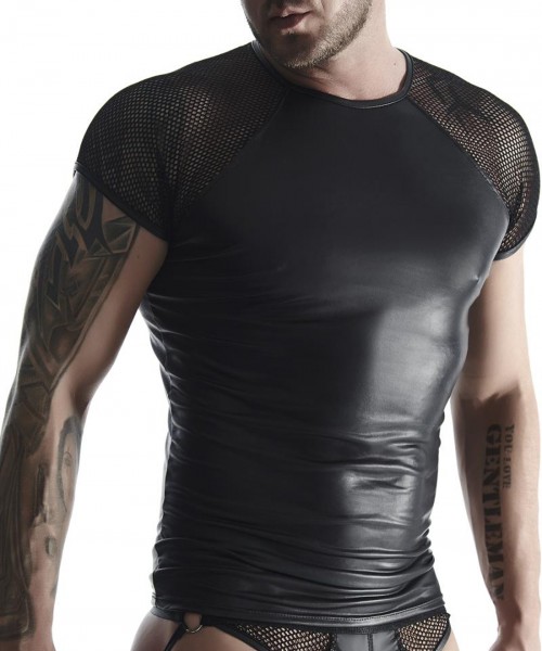 Herren T-Shirt schwarz kurzarm aus wetlook Material Hemd dehnbar blickdicht Gogo fetisch Männer Shir