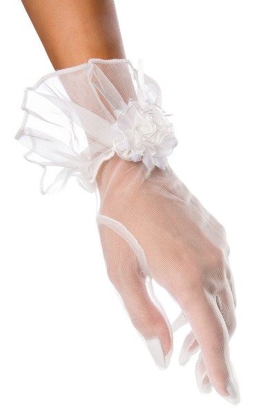 Weiße Spitzenhandschuhe kurz mit Motiv transparent elegante Handstulpen Netzhandschuhe mit Stoffrösc