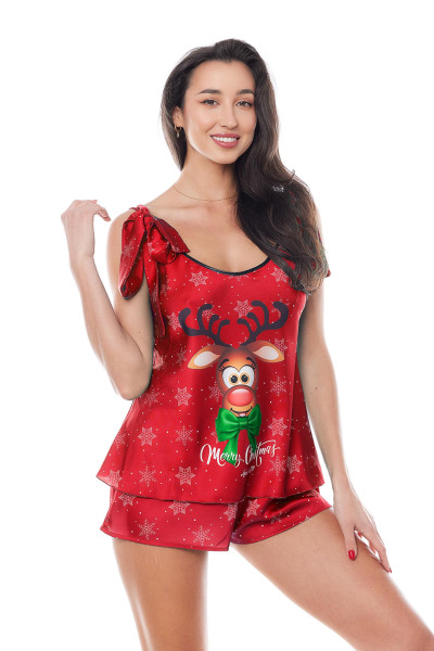 Rotes 2-teiliges Damen Weihnachtsset mit Rentier und Sternen aus Top und Shorts