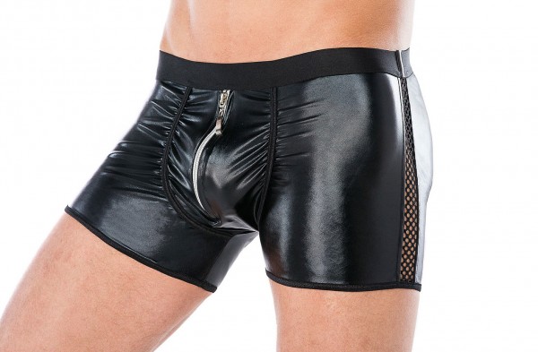 Herren Dessous Boxer-Shorts schwarz aus wetlook Material mit Reißverschluss Männer Shorts Unterwäsch