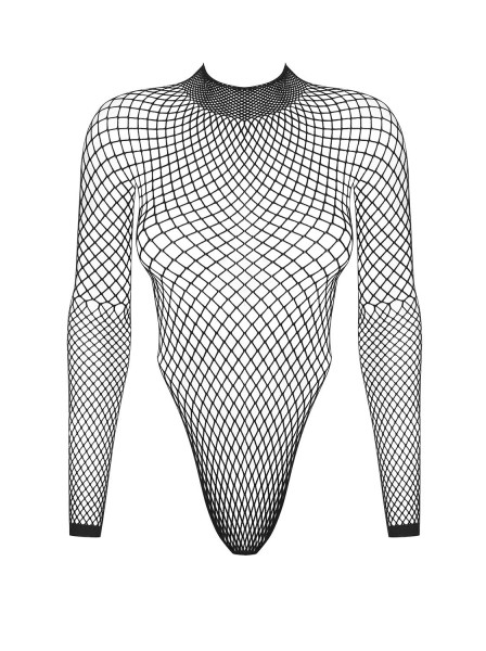 Frauen Grob Netz Dessous Teddy Body in Schwarz mit Multistretch und langen Ärmeln transparent Rücken