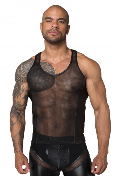 Herren Tanktop aus Netzmaterial mit wetlook-Einsätzen schwarz erotisches Männer Shirt Top transparen