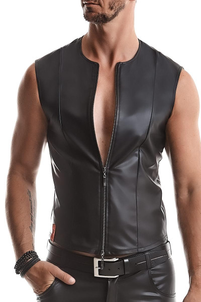 Herren Weste schwarz aus mattem dehnbarem Kunstleder mit 2-Wege Reißverschluss Slim-Fit Form