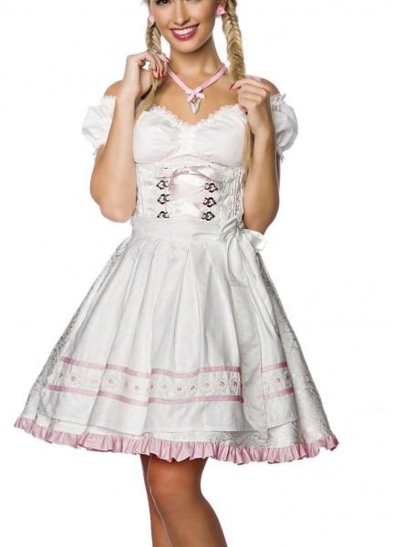 Dirndl Kleid Kostüm mit Schürze Minidirndl mit Blumenborteen Brokat und ausgestelltem Rockteil Oktob