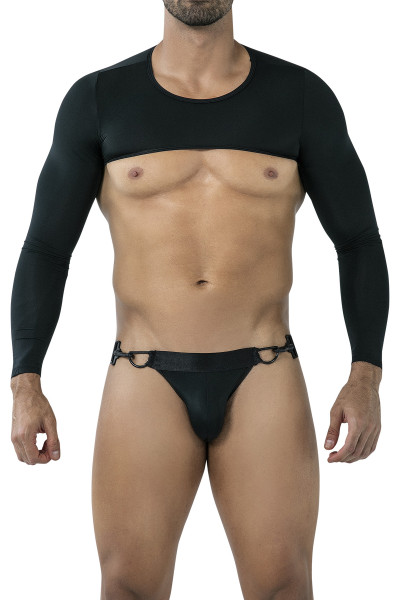 Herren Langarm Top und String Set Jockstrap-Set schwarz Jersey elastisch aus Langarm und Bänder blic