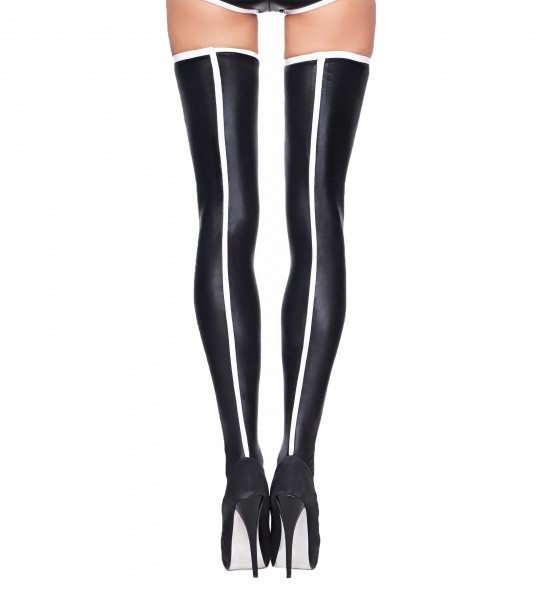 Damen Dessous Straps-Strümpfe schwarz weiß aus wetlook Material Stockings halterlos elastisch