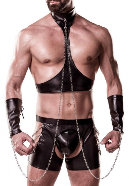Herren sexy schwarzes Wetlook Harness-Set mit Shorts Bondage Oberteil mit Ketten Armstulpen String R