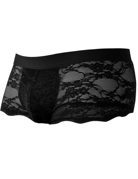 Schwarzer Männer Boxer Shorts aus dehnbarer Spitze leicht transparent Herren Slip mit Netz Saum