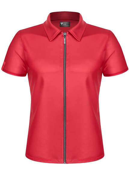 Herren T-Shirt Wetlook mit Reißverschluss matt Stehkragen Poloshirt Ärmel rot