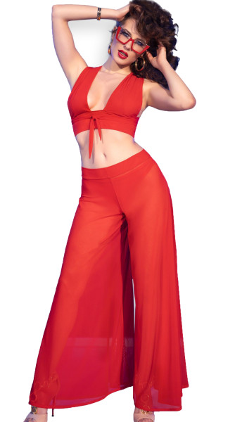 Damen Dessous Netz Set Hosen Kostüm mit rotem Tüll Top, Schlaghose, String, zum binden und String du