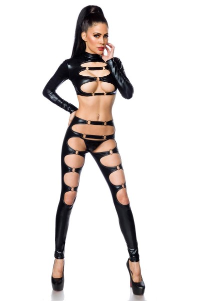 Schwarzes Damen Dessous Gogo Wetlook-Set aus Top, Leggings und String elastisch mit Cutouts