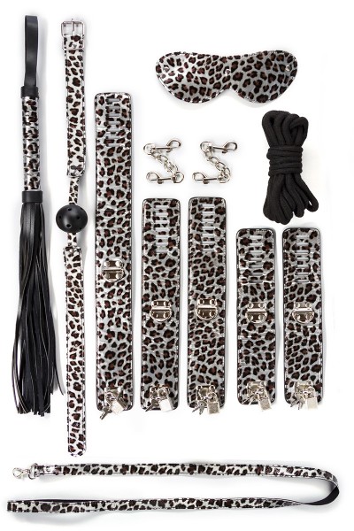Schwarze Fessel Set mit Handfesseln, Halsband, Peitsche, Fußfesslen, Augenmaske und Mundknebel in Le