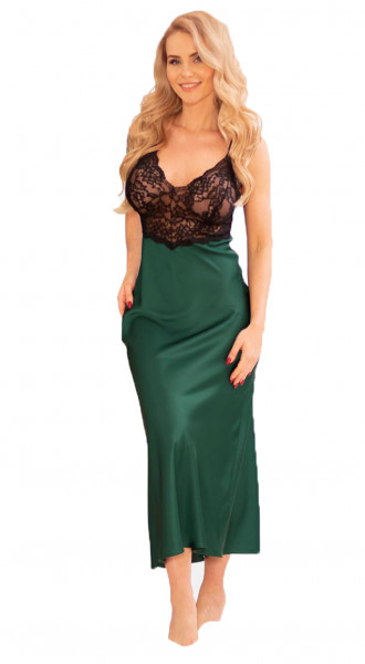 Dessous Chmise Negligee grün/schwarzes langes Kleid aus Satin-Material und weicher elastischer Spitz