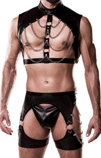 Herren sexy schwarzes Wetlook Harness-Set mit Shorts Bondage Oberteil mit Bänder Ketten String Rolep