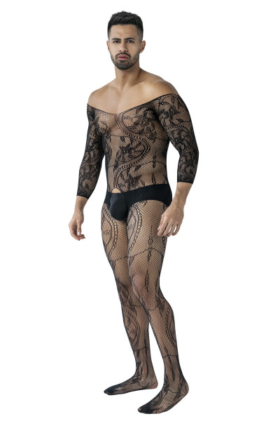Schwarzer Männer Overall Bodystocking aus dehnbarern Netz Fishnet Overall Optik Herren Slip mit Fish
