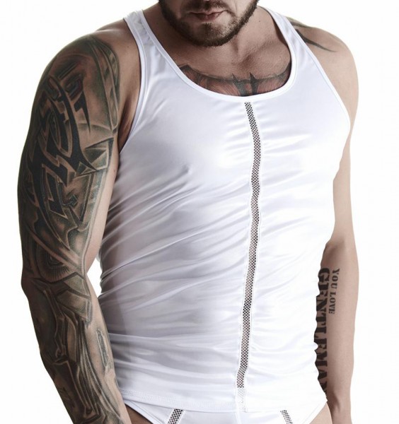 Herren Muscle Shirt weiß aus wetlook Material mit Netzeinsatz Muskel Träger Hemd dehnbar blickdicht