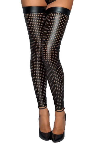 Schwarze Damen Lasercut Strümpfe slebsttragende wetlook Stockings mit Silikonband