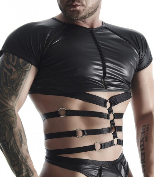 Herren Dessous fetisch Muscle-Shirt in schwarz mit Netz Einsätzen, Gummi Bänder und Metallringen bli