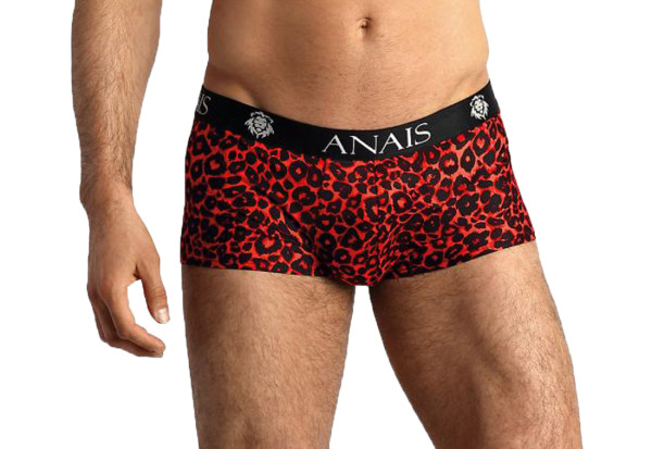 Herren Boxer Shorts schwarz rot aus glattem blickdichtem Stoff mit Leo Print und breitem Gummibund M