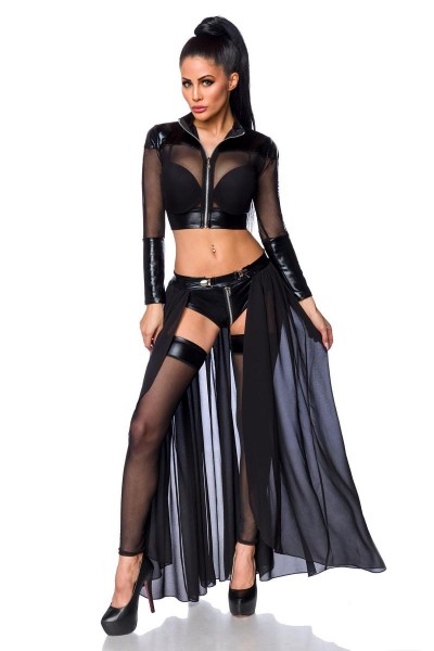 Erotisches Damen Gogooutfit aus Jacke, Panty, Rock und Stockings in wetlook schwarz Dessous Set elas