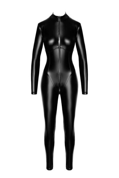 Schwarzer Damen Wetlook Overall elastisch mit Reißverschluss bis in den Schritt Catsuit eng anliegen