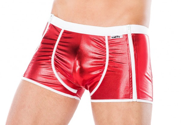 Herren Dessous Boxershorts rot aus wetlook Material mit weißem Reißverschluss Männer Shorts Unterwäs