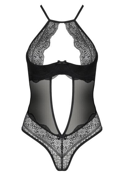 Schwarzer transparenter Damen Dessous Body aus Netz und Spitze mit Bügel Cups und Hakenverschluss