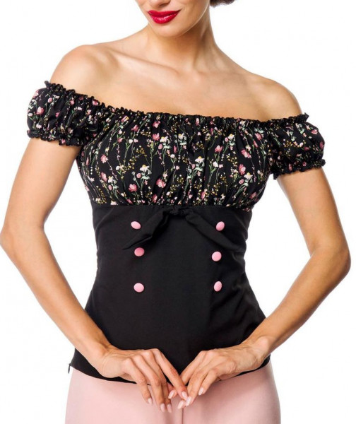 Schulterfreie Bluse aus Jersey mit kurzen Ärmeln und Carmenausschnitt Blumenmuster Retro-Top mit Knö