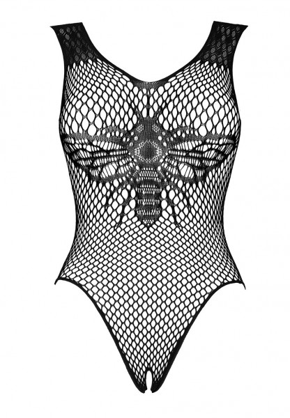 Frauen Dessous ouvert Träger Bodystocking in schwarz transparent mit Riemchen und Schmetterling Dame
