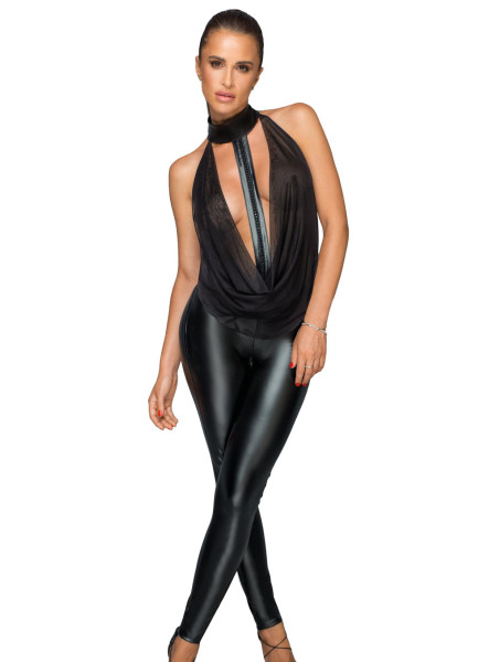 Overall mit Tülloberteil und Choker Frauen wetlook Legging mit Tüll Neckholder Top ärmellos rückenfr