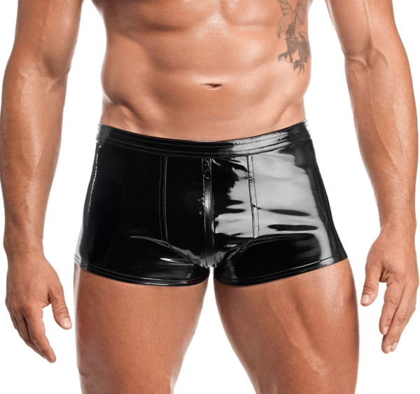 Schwarze knappe Herren wetlook Boxer-Shorts Lack glänzend elastischer Bund mit Reißverschluss Männer