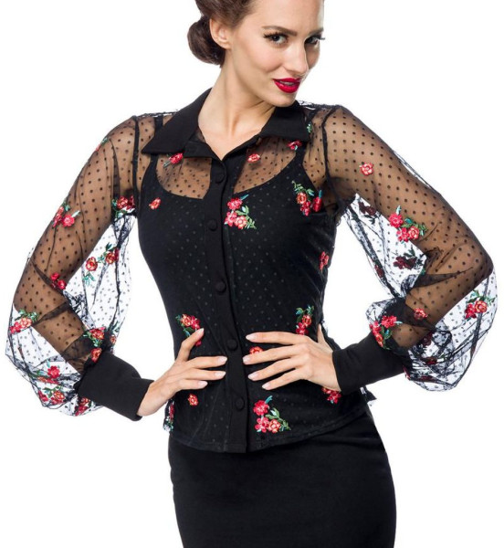 Schwarze kurze Netz-Bluse mit langen Ärmeln und Umlegekragen Rosen Stickerei transparenter Netzstoff