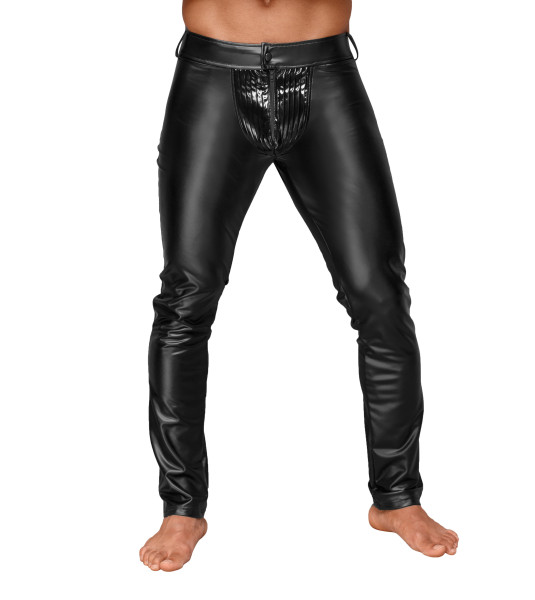 Schwarze lange Herren wetlook Hose mit vorderem Reißverschluss und PVC Lack Zierfalten Männer Pants