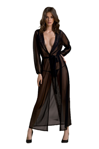 Langes schwarzes Peignoir Morgenmantel mit Gürtel aus nachhaltigem Netzmaterial und Spitze langarm t