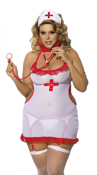3-teiliges Plus Size Dessous Set Krankenschwester Outfit aus Kleid, Haube und Strumpfhaltergürtel we