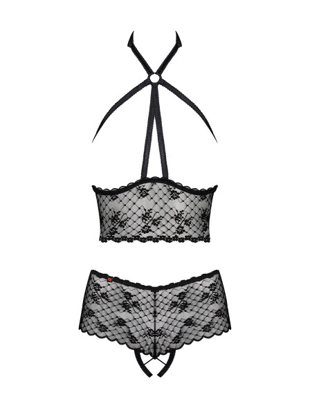 Frauen Dessous Spitzen Reizwäsche Set aus offener Neckholder BH mit Bänder und ouvert Panty in schwa