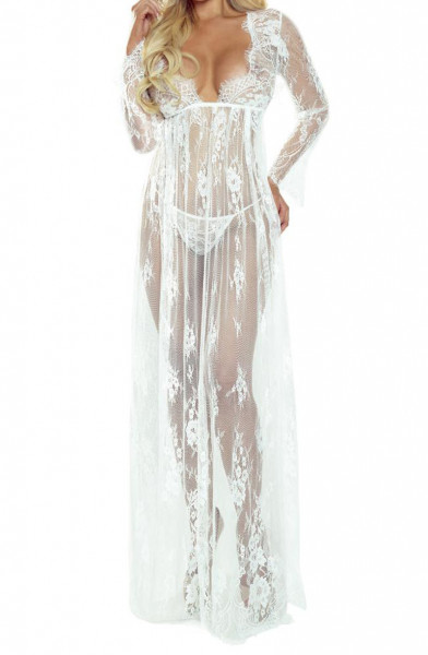 Langes weißes Kleid aus Netz und Spitze mit String Nachtkleid Chemise mit Blumenmotiv