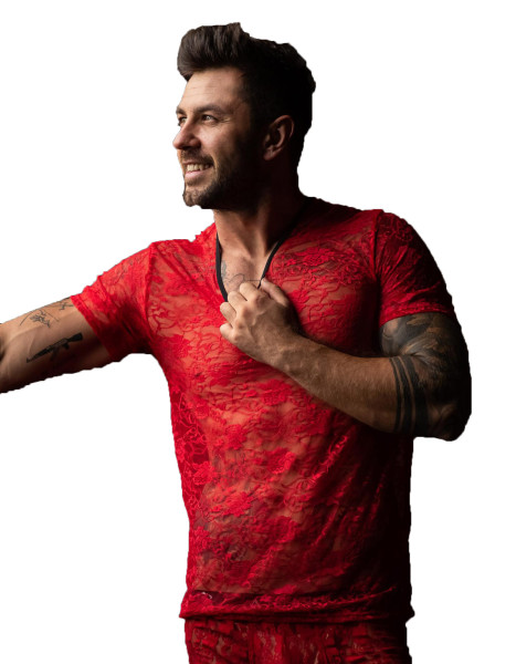 Herren T-Shirt rot transparent aus dehnbarer Spitze Dessous Shirt Männer luftig