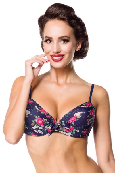 Elastisches Damen Bikinioberteil Bra am Rücken zum binden BH gepolstert und Blumen Muster blau rosa