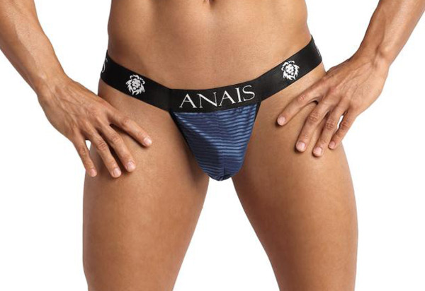 Herren Jock Strap in blau aus feinem dehnbaren Netzmaterial mit Querstreifen und breitem Gummibund M