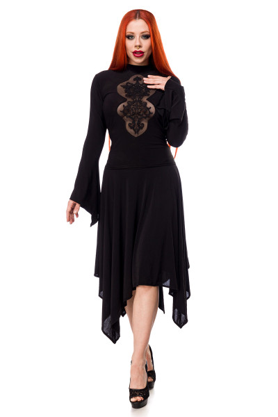 Schwarzes Gothic Kleid mit Spitzeneinsatz, Trompetenärmel und Reißverschluss hinten knielang elastis