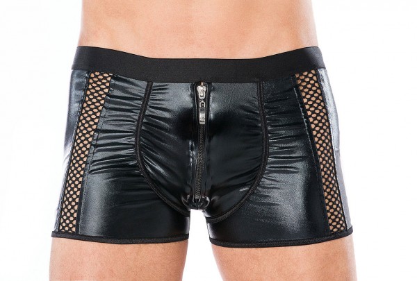 Herren Dessous Boxershorts schwarz aus wetlook Material mit Reißverschluss Männer Shorts Unterwäsche